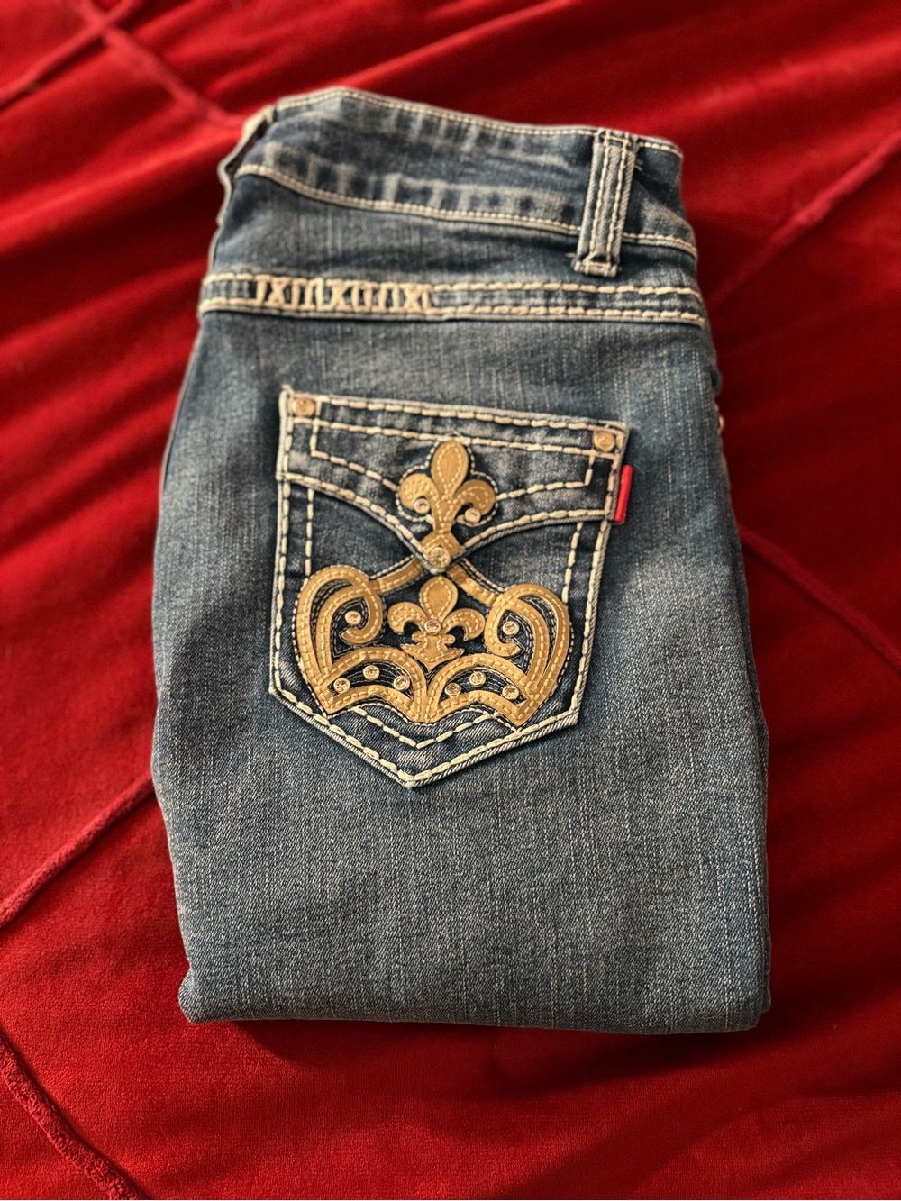 Women's Embroidered Mid Wash Denim Jeans - Gold Accent